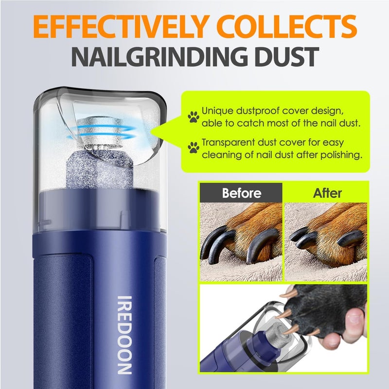 IREDOON Dog Nail Grinder Upgraded - Professional 3-Speed Super Quiet and Low Vibration Electric Pet Nail Grinder with 4 LED Lights - Painless Paws Grooming & Smoothing for Small to Large Dogs (Blue) - Image 5